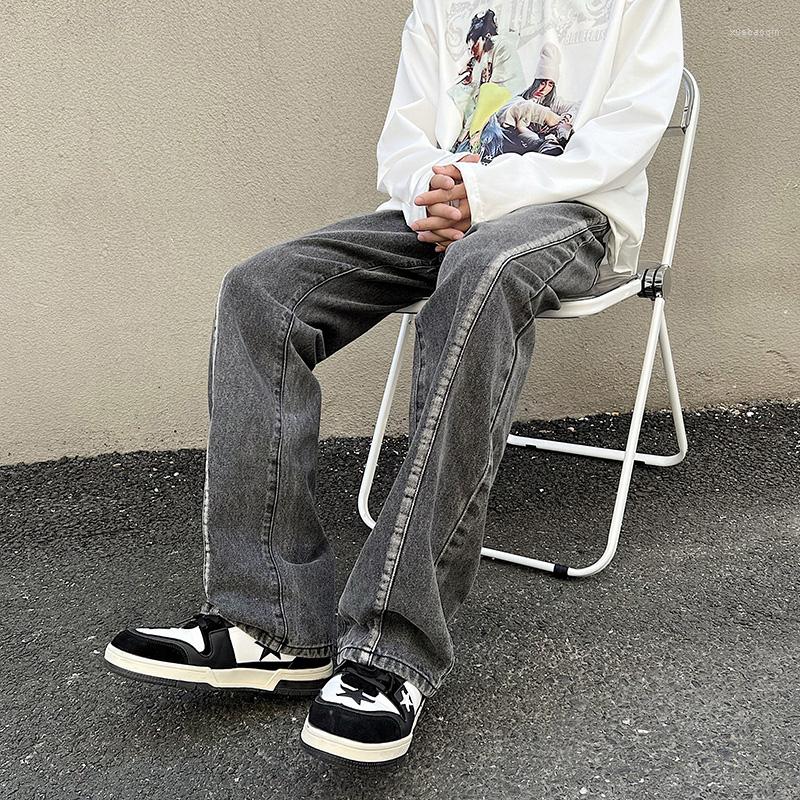 

Men's Jeans Baggy Men's Wide Leg Striped Casual Fashion Street Hip Hop Pants Straight Male Full Length Grey Denim Trousers, Dark grey