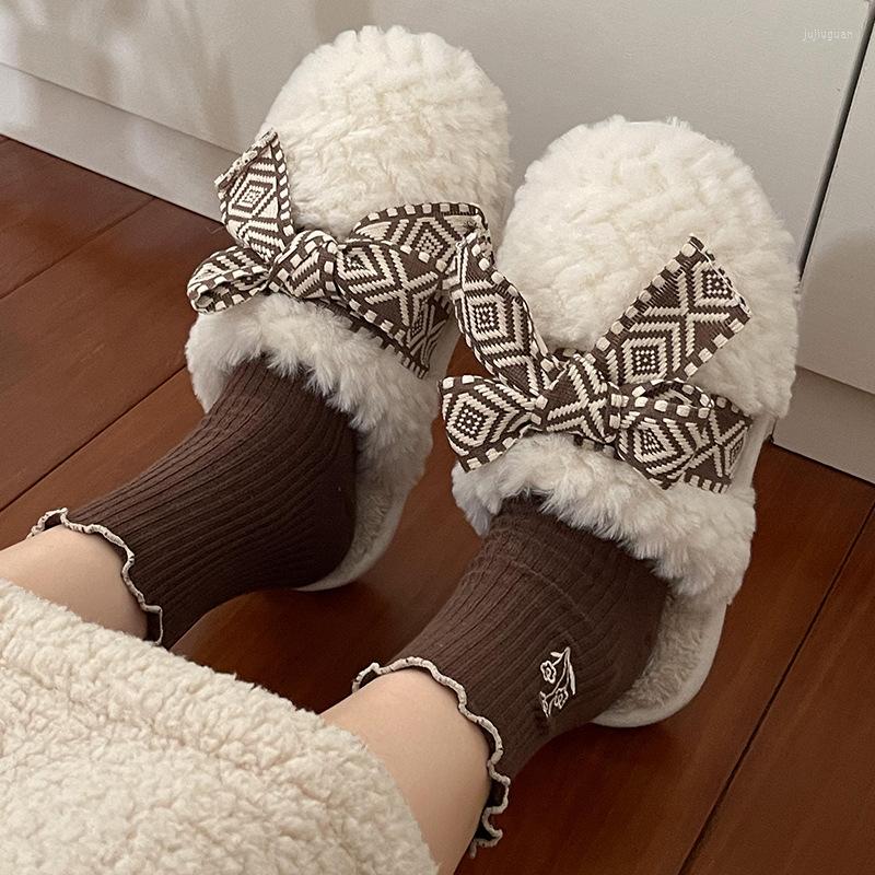 

Slippers Fashion Cotton Women Autumn And Winter Bow Warm Indoor Home High-quality Non-Slip Bedroom Floor, White