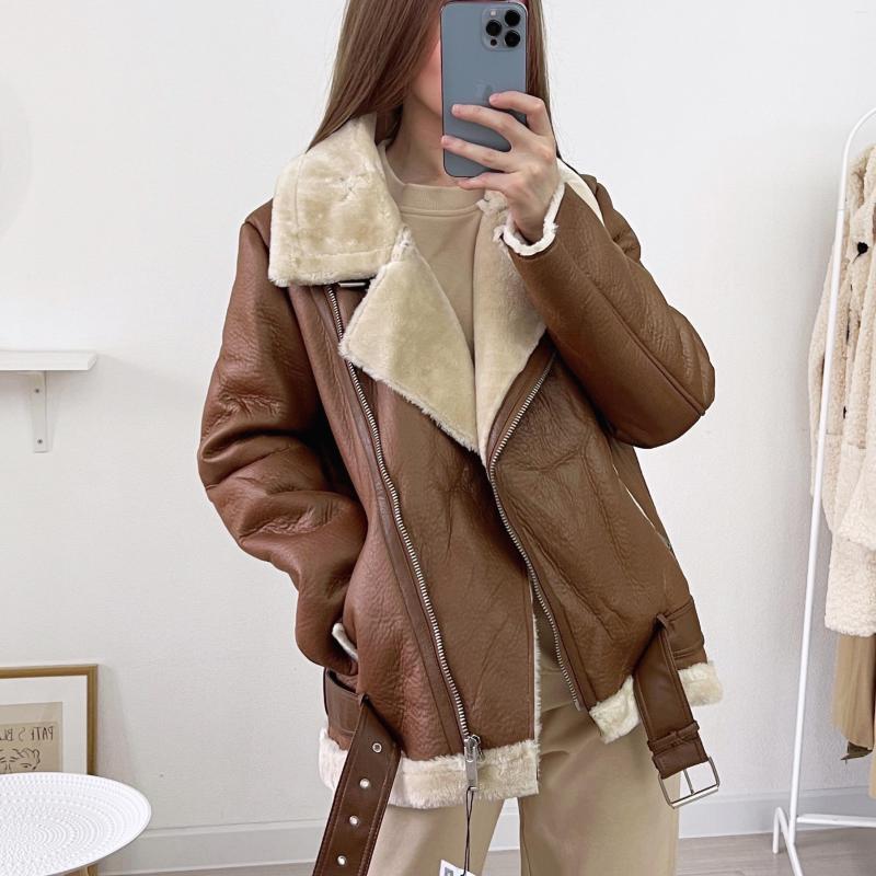 

Women's Fur Warm Women Faux Jacket 2022 Winter Casual Streetwear Leather Buckle Solid Comfortable Fashion Loose Female Thicken Outwear, Beige