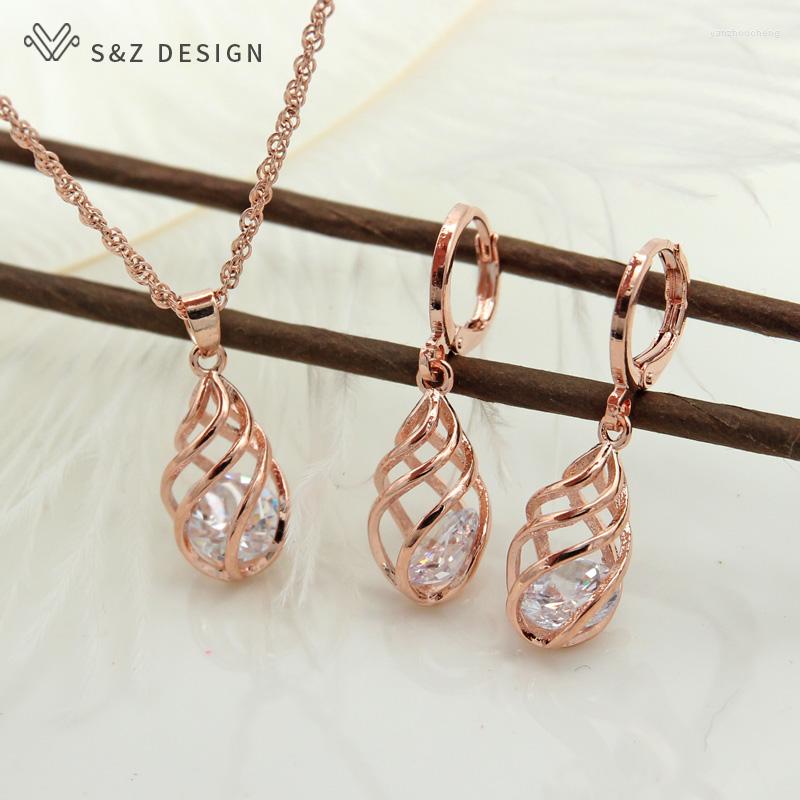 

Necklace Earrings Set S&Z Spiral Hollow Water Drop Dangle Zircon 585 Rose Gold Color Jewelry For Women Gift Anti-allergy Eardrop, Picture shown