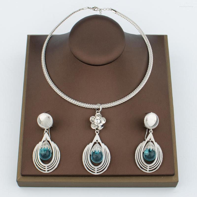 

Necklace Earrings Set And Pendant Jewelry For Women Italian Silver Plated Gemstone 2Pcs Party Gifts, Picture shown