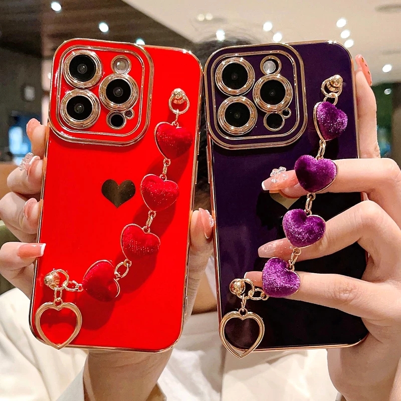 

Luxury Soft Love Heart Bracelet Phone Case For iPhone 11 12 13 14 Pro Max XS X XR 7 8 Plus SE lint Bumper Back Cover
