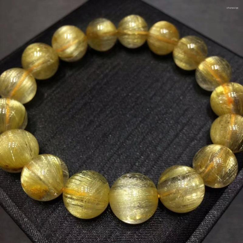 

Strand Natural Gold Rutilated Titanium Quartz Round Beads Bracelet 12mmFrom Brazil Women Men Stretch Crystal Certificate