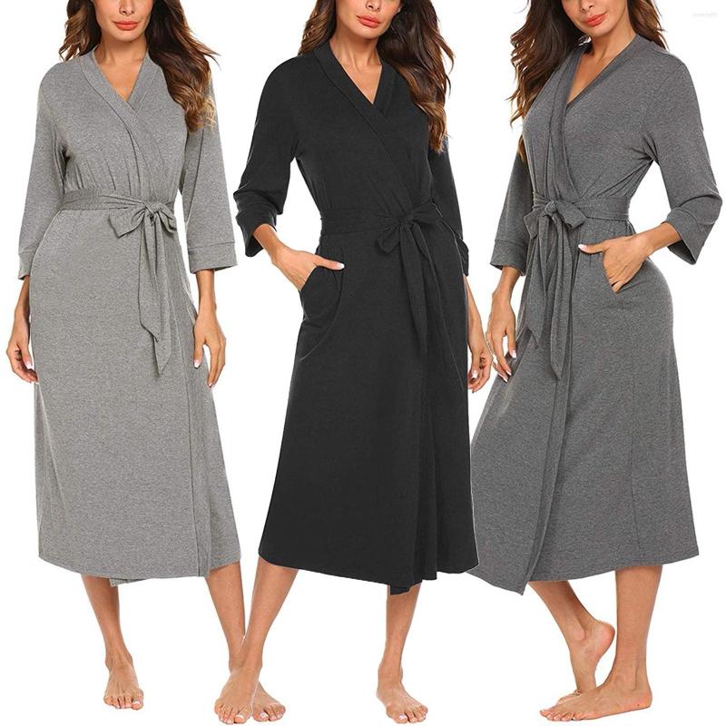 

Women' Sleepwear Sexy For Women With Breast Support Casual 3 Of 4 Sleeve V Neck Long Kimono Robes Bathrobe Lightweight Soft, Black
