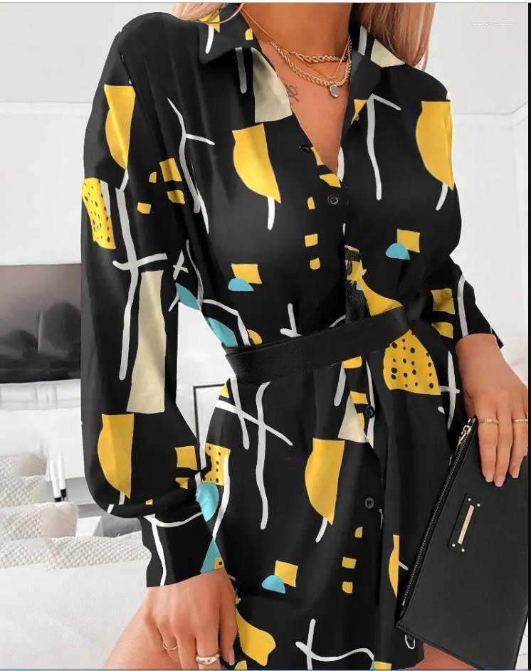 

Casual Dresses Women Geometric Print Button Down Turn-Down Collar Dress Lantern Sleeve Long Mini Shirt 2022 Summer