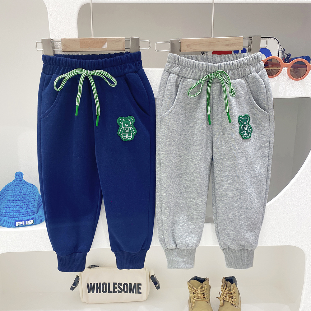 

2023 Spring Children Long Pants 100% Cotton Korean Style Boys Girls Kids Winter Fleece Sport Trousers Sweatpants, Gray