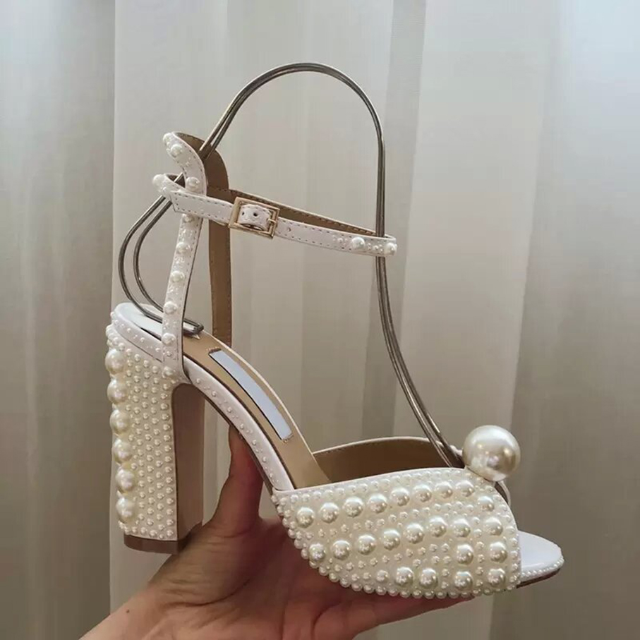 

Summer Sandals Pearl thick heel Shoes Lady Elegant Slingbacks Shiny Satin Crystal Jewels Buckle Women High Stiletto Heels Party Dress With Box