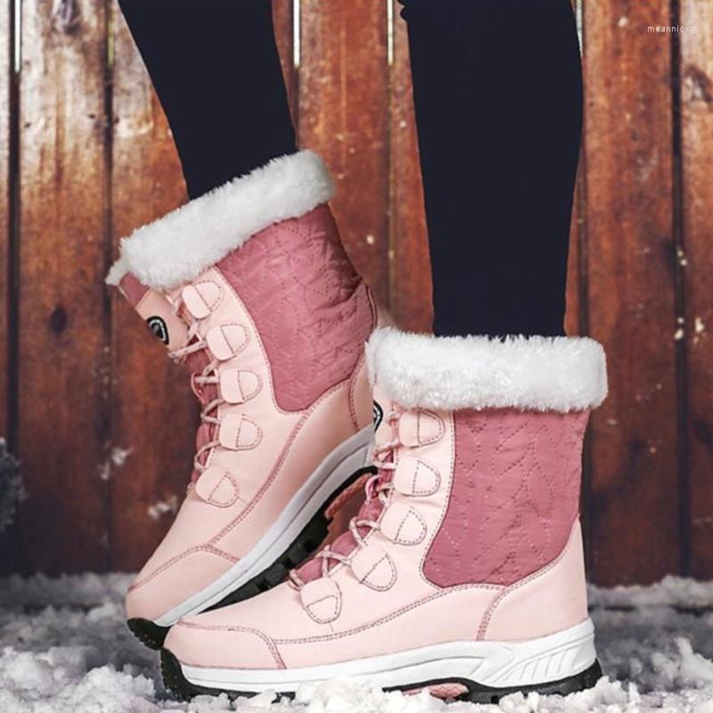 

Boots Snow Women Flat Platform Waterproof Shoes Lace-Up For Fur Keep Warm Winter Boot Female Botas Mujer, Pink