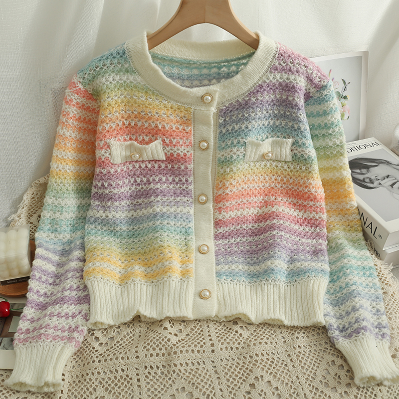 

Women  Knits Tees Women Rainbow Gradient Print Korean Fashion Long Sleeve Cardigan Loose Knitwear Single Breasted Sweater Coat Autumn Knit Jacket 221125, Multicolor 02