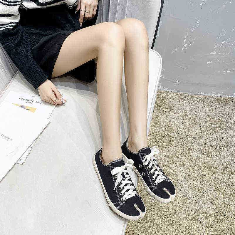 

Flat Dress Shoes Canva Casual Ladie Ninja 220718 Women Split Toe Woman Lace Up Sneaker Vulcanized Round Nose Tabi, Black