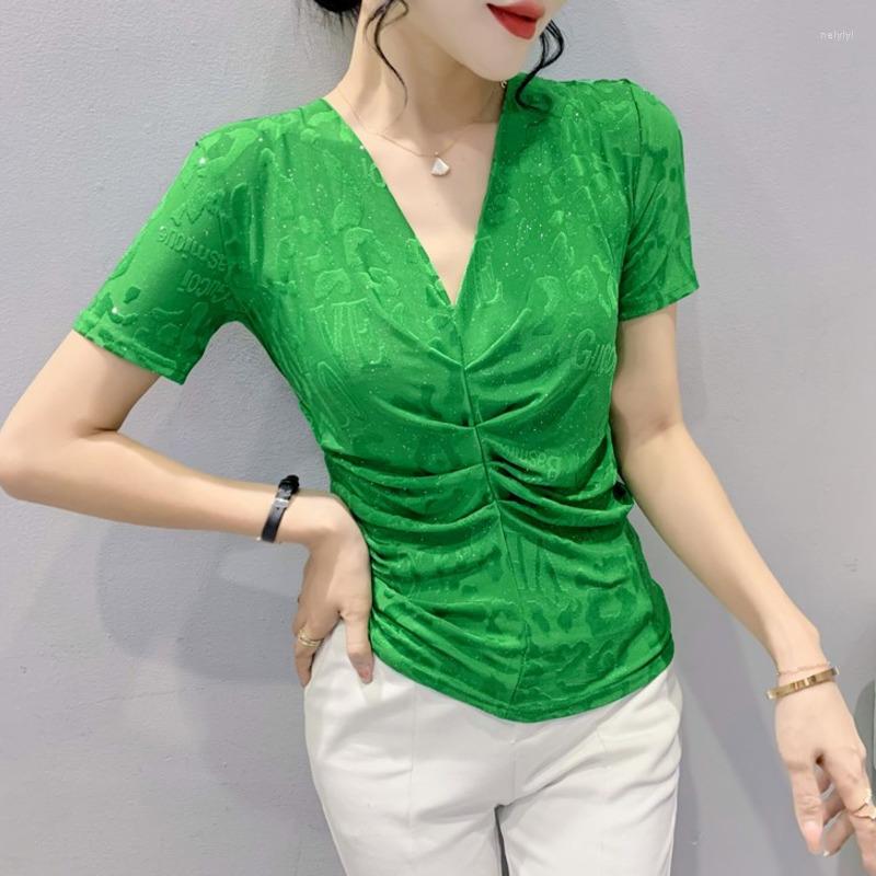 

Women' T Shirts Black Green Mesh Shirt Women V-neck Folds Sexy Short Sleeve Female Basic T-shirt Femme Skinny Top Thin Elastic