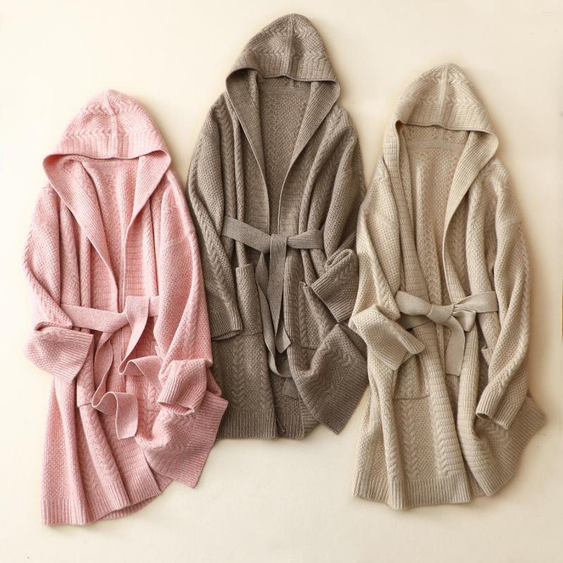 

Women's Trench Coats Hooded Sweater Coat Cashmere 2022 Autumn Winter Loose Lace-Up Waist Fashion Casual Thick Warm Female, Pink