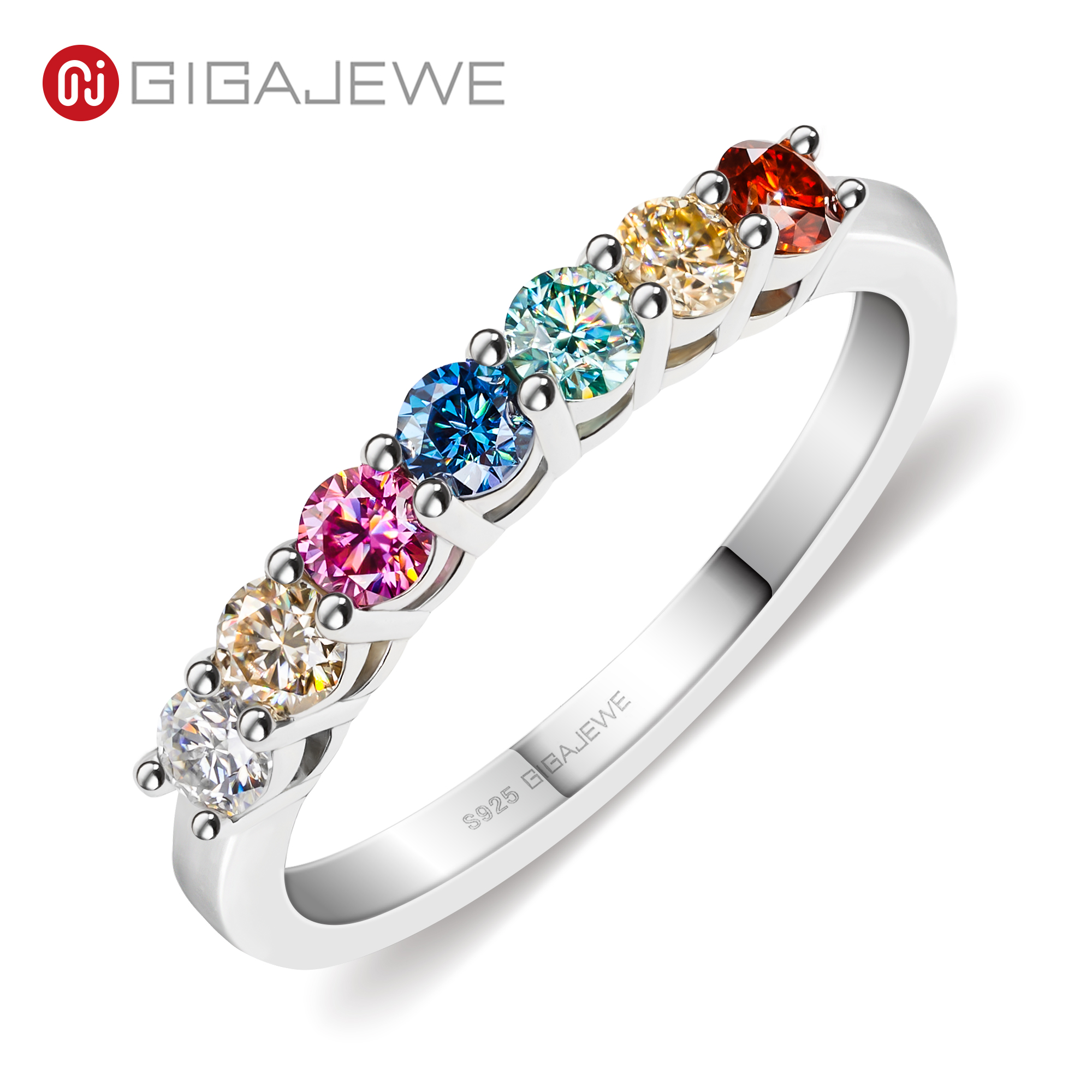 

GIGAJEWE Moissanite half band Ring 3.0mm rainbow color Round Cut 925 Silver Diamond Test Passed Woman Girl Gift GMSR-029