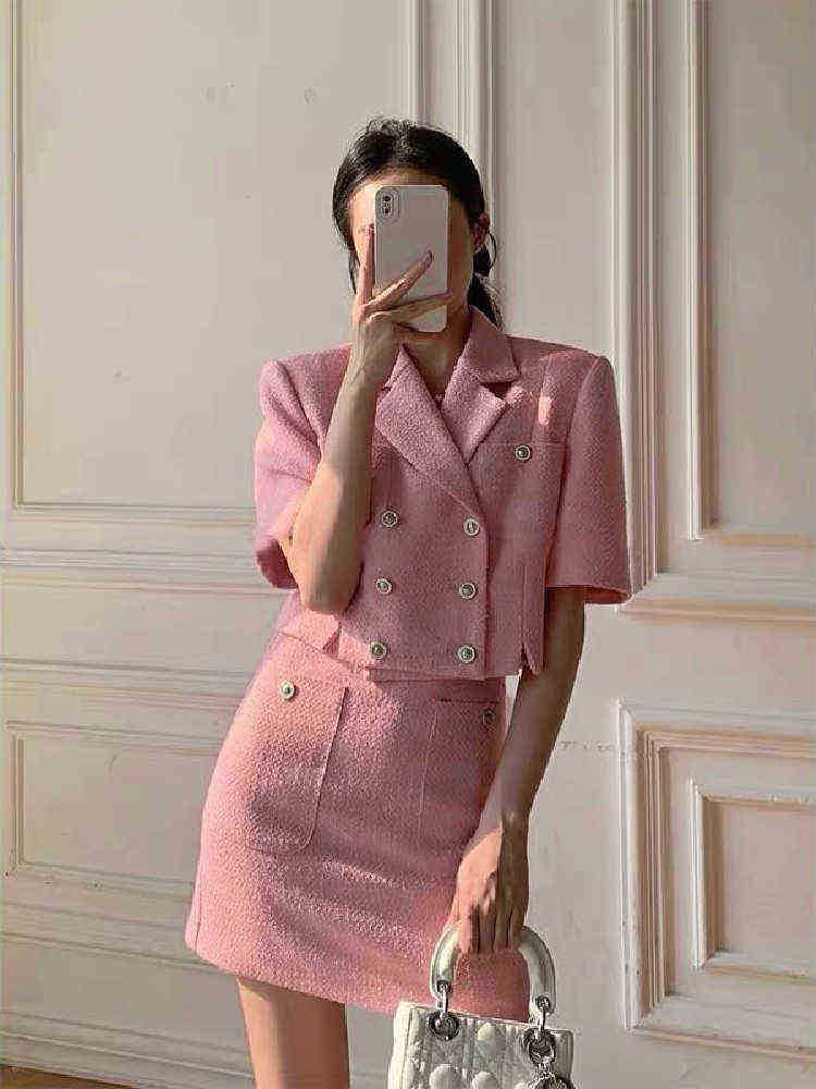 

Summer Vintage Tweed 2 Two Piece Sets Womens Outfits Korean Style Short Sleeve Jacket Crop Top and Sexy Bodycon Mini Skirt Fits J220813, Picture color set