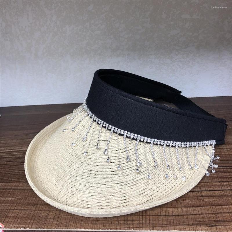 

Wide Brim Hats Stones Visor For Women 2022 Sun Protective Beach Glitter Summer White Natural Straw Hat With Rhinestones, Black