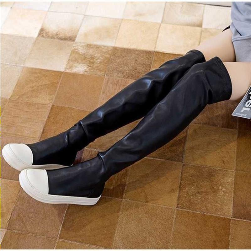 Long Stretch Boots Ladies Shoes Women Knee High Round Toe Fashion Pleated Leather Black White Stitching Color Velvet Non-Slip Wqmfb
