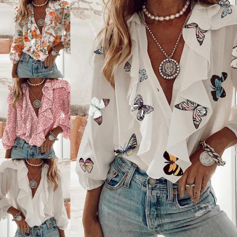 

Women' Blouses Elegant Women T-Shirt Printing V-Neck Chiffon Casual Long Sleeve Vintage Sexy Tops For Spring Office Women' Clothing, Butterfly flowers