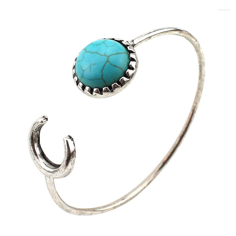

Bangle Vintage Geometric Green Stone Crescent Opening Adjustable Silver Color Bracelet For Women Ethnic Style Jewelry Boho Accessories