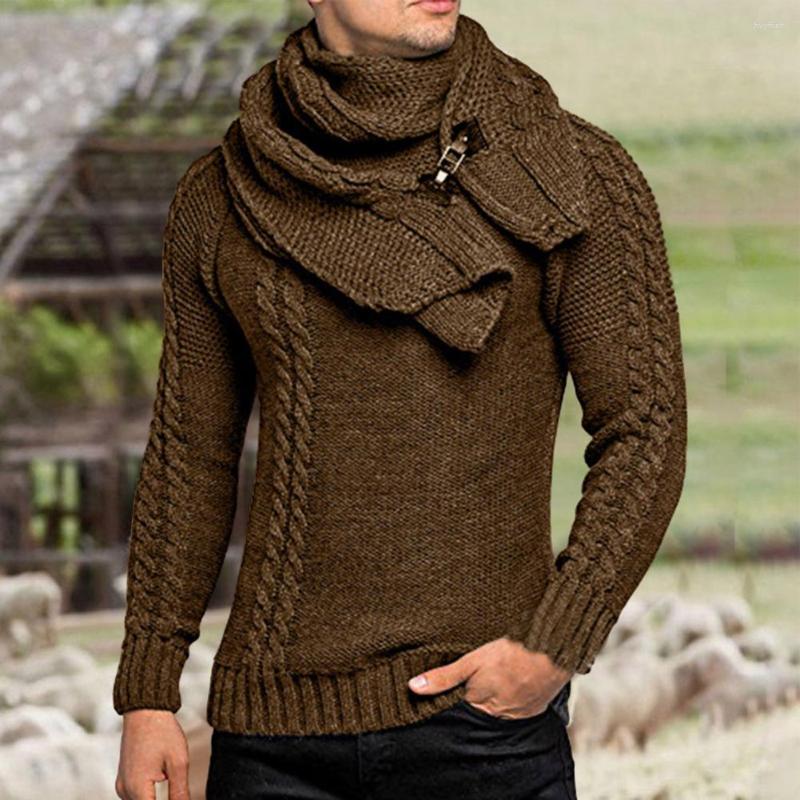 

Men's Sweaters Men's Turtleneck Sweater Vintage Twist Ribbed Winter Men Scarf Detachable Leather Buckle Bib Pullover Knitwear, Black