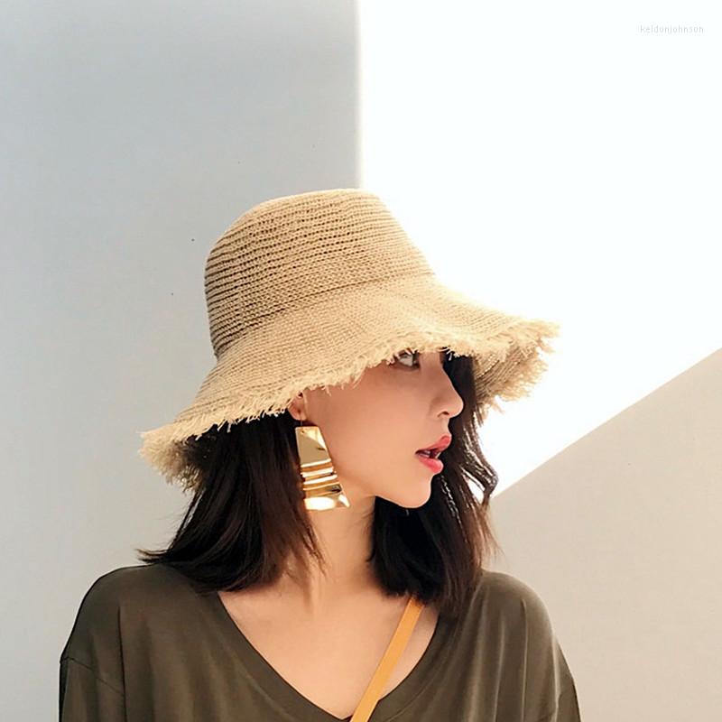 

Wide Brim Hats Women's Fashion Hat Beach Sun With Solid Color Straw Bucket, White