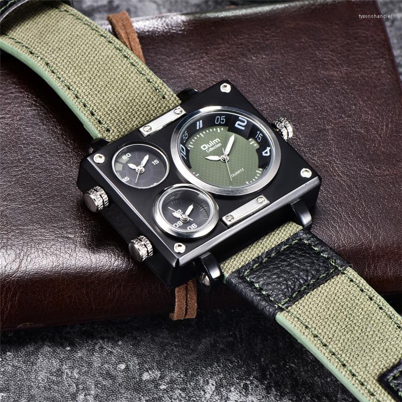 

Wristwatches Oulm 3595 Green Watches Men Top Fabric Big Size Quartz Clock 3 Time Zone Male Sport Watch Relogio Masculino, Brown