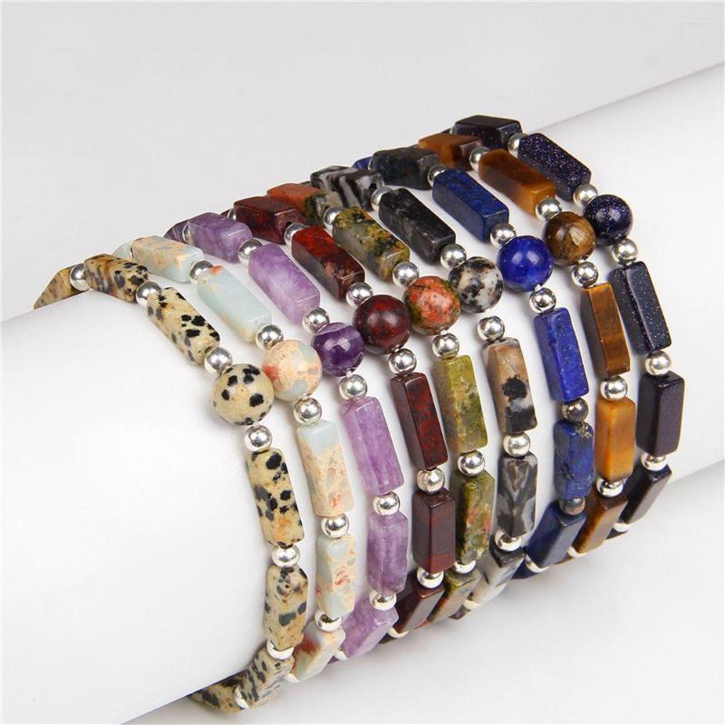 

Strand Silver Color Beads Charm Bracelets Natural Amethyst Rectangle Stone Bracelet Women Prayer Meditation Jewelry Stretch