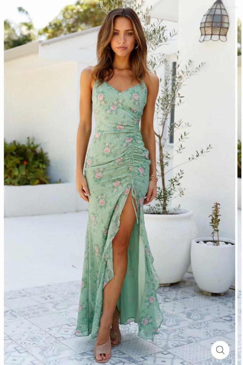 

Casual Dresses Women Fashion Floral Print Ruched Dress Stylish Sleeveless Spaghetti Strap V Neck Draw String Falbala For Ladies Apsara