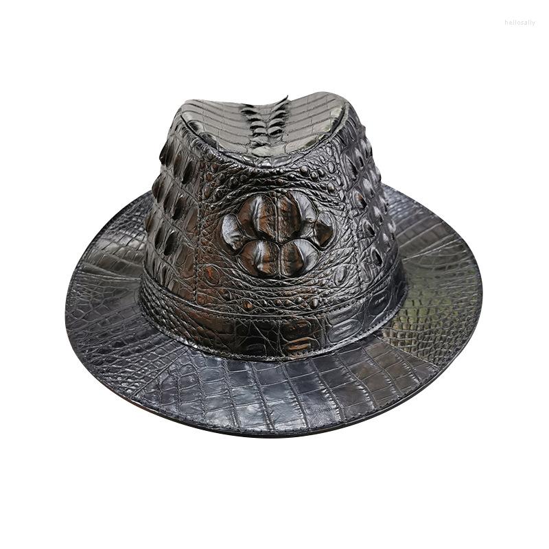 

Berets Authentic Genuine Alligator Skin Gentlemen Broad Brim Fedoras Cap Exotic Real True Crocodile Leather Male Magician Foldable Hat, Black