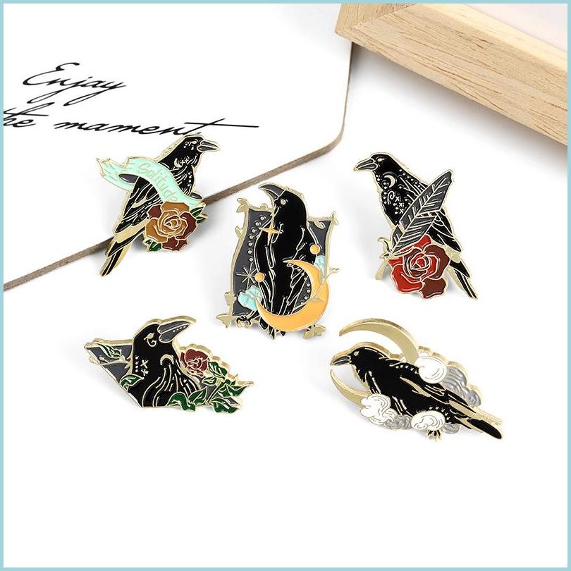 

Pins Brooches Crow Raven Enamel Pin Custom Bird Feather Brooches Moon Flowers Bag Lapel Punk Badge Gothic Jewelry Gift For Dhgarden Dh2Yn