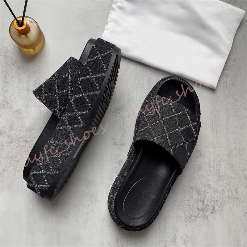 

2022 Womens Fashion Embroidered Canvas Designer Slides slip on Slippers girls 60mm Slipper Canvas covered platform sandals with box and dust, Colour-10