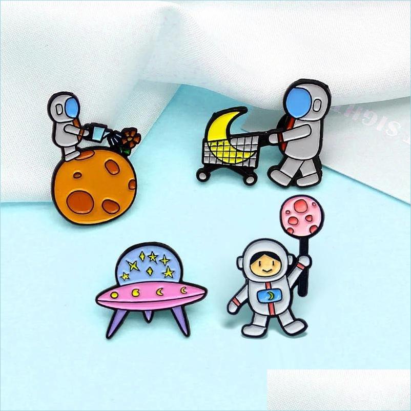 

Pins Brooches Cartoon Astronaut Ufo Brooches Pilot Universe Moon Planet Enamel Pin Badge Cosmos Series Brooch Jewelry For W Dhgarden Dh5Wv