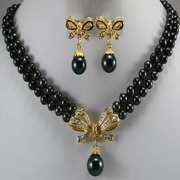 

2 rows 7-8mm freshwater black pearl necklace earrings set shell pearl pendant