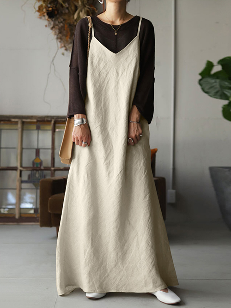 

Casual Dresses Vintage Spaghetti Strap Dress Women Summer Sundress ZANZEA Maxi Vestidos Female V Neck Robe Femme 221125, Black