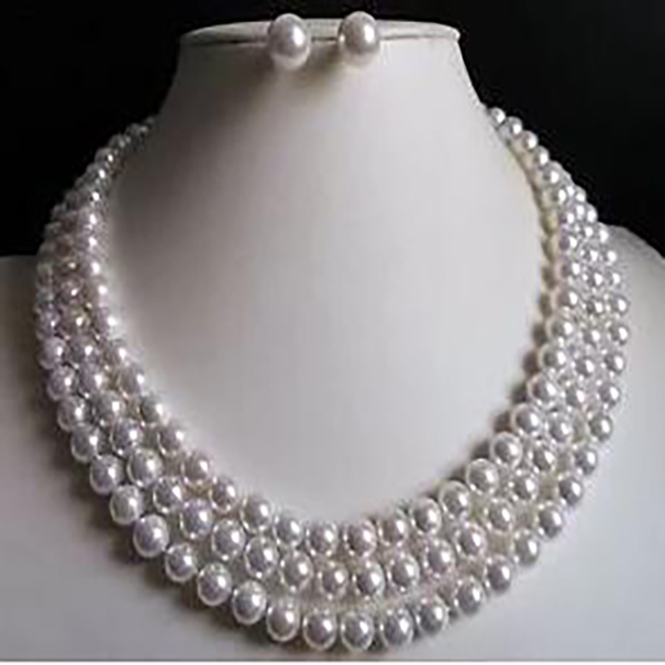 

3 Rows 8mm white south sea shell pearl necklace Earrings 17-19"