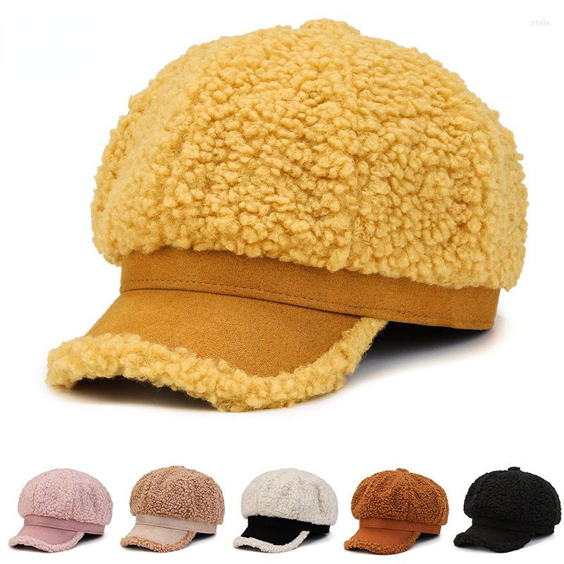 

Berets 2022 Korean Version Octagonal Hat Women Winter Wool Wide Brim Ladies Fashion Thickened Teddy Velvet Warm Baseball Cap, Khaki