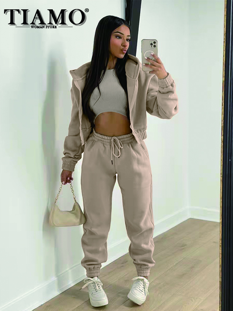 

Women  Two Piece Pants TIAMO 3 Sets Womens Outfits Fashion Solid Color Plush Hooded Sweater Harun Sports Casual Suit Wholesale Drop 221125, Gray