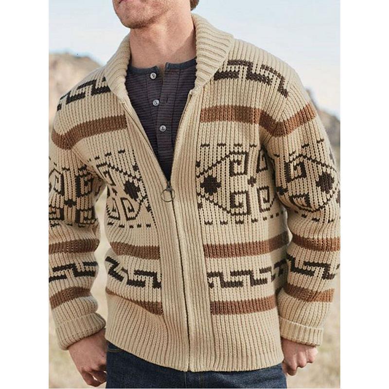 

Men' Sweaters Men' Lapel Cardigan Printed Decor European And American Hand Knitting Wool Soft Stretchy Coat Loose Various Size Male Sweater 221128, Khaki