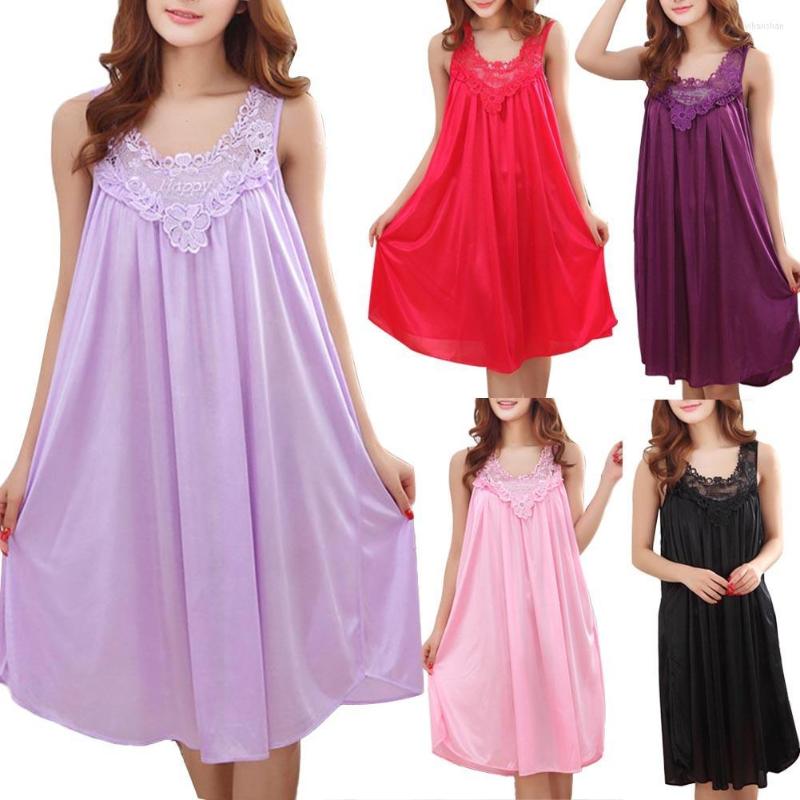 

Women's Sleepwear Women's Sleepshirts Summer Ice Silk Round Neck Solid Lace Patchwork Sleeveless Nightdress Nightgown 5 Colors, Red