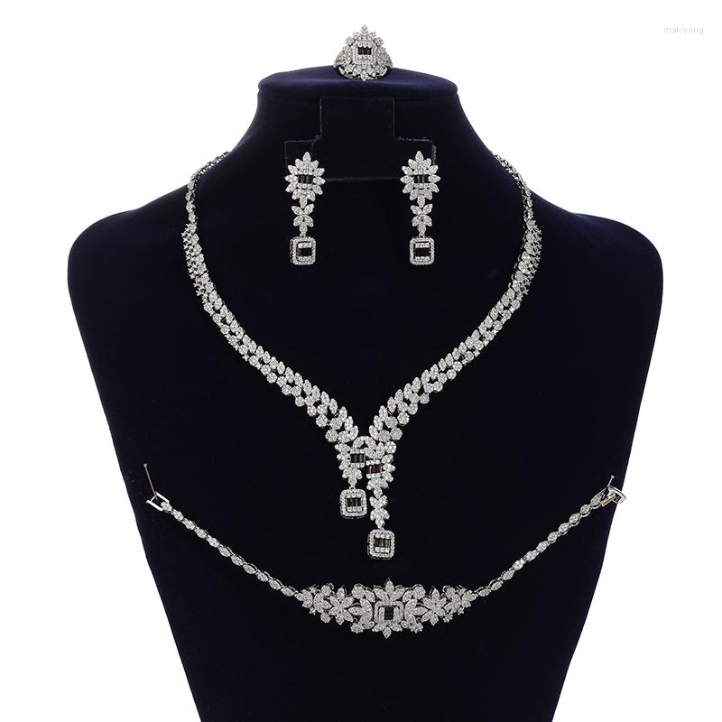 

Necklace Earrings Set Jewelry HADIYANA Romantic Wedding Bracelet Ring Colorful Zircon CN3394 Bijoux Marie, Picture shown