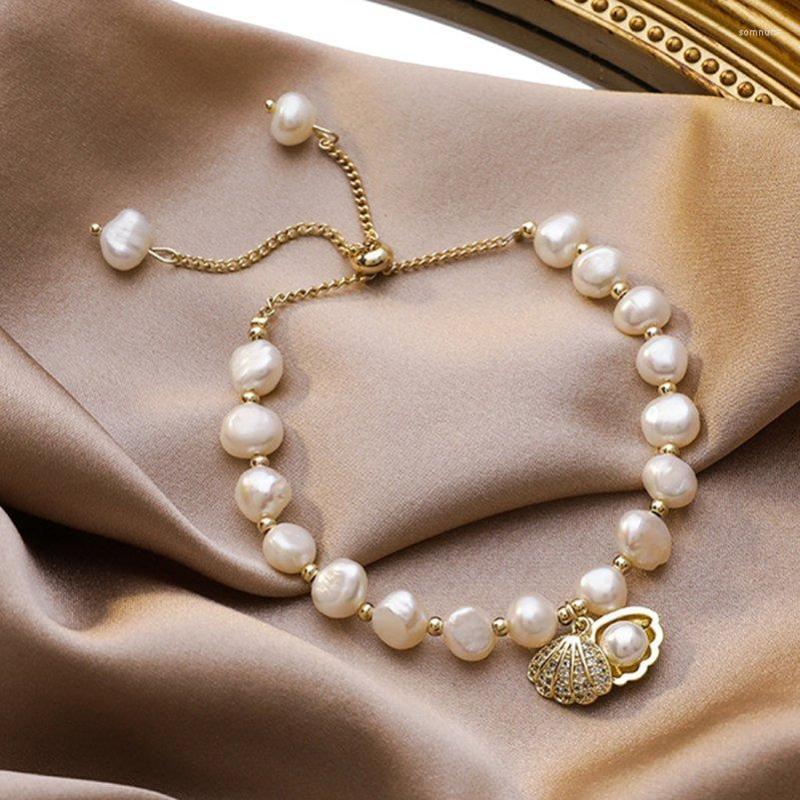 

Link Bracelets Korean Baroque Natural Pearl For Women Fashion Rhinestone Shell Pendant Charm Bracelet Jewelry Anniversary Gifts