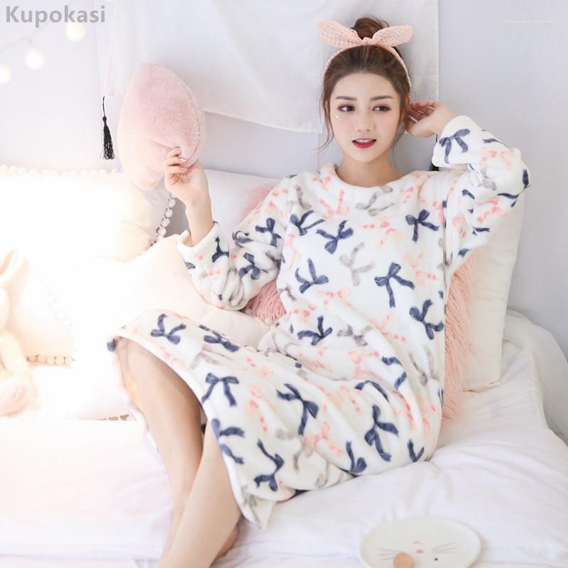 

Women's Sleepwear Kupokasi Flannel Women Cartoon Nightdress Autumn Winter Cute Animal Robe Female Thick Warm Dress Girl