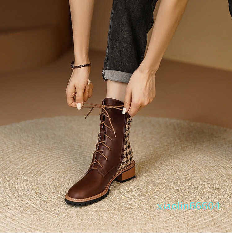 

British Lace up Short Boots Women's Thick Heel Spring Autumn Winter New Side Zipper Cowhide Martin Boots Color Contrast Mid Heel Fashion, Brown