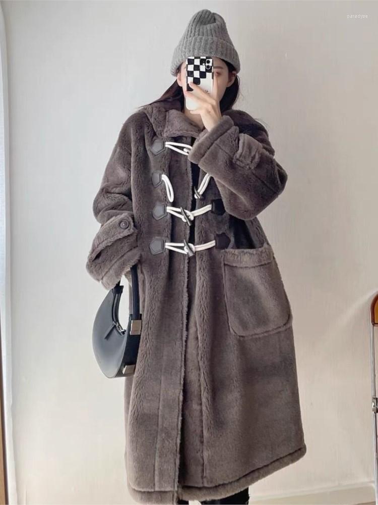 

Women' Fur 2022 Women Elegant Solid Faux Coats Female Thick Wram Winter Hooded Teddy Bear Korean Oversize Horn Botton Outerwears, Coffee