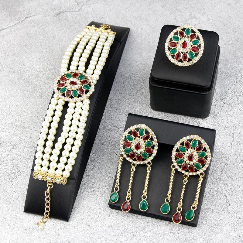 

Necklace Earrings Set Sunspicems 2022 Morocco Beads Pearl Charm Bracelet Drop Earring Rainbow Ring Gold Color Women Wedding Bijoux Gift, Picture shown