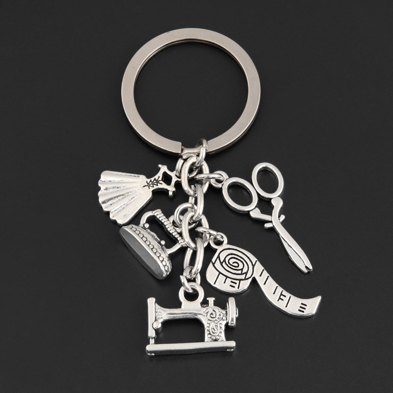 

New Sewing Machine Keychain Tailor Key Ring Iron Tape Measure Scissors Dress Key Chain Women's Gift DIY Jewelry Handmade