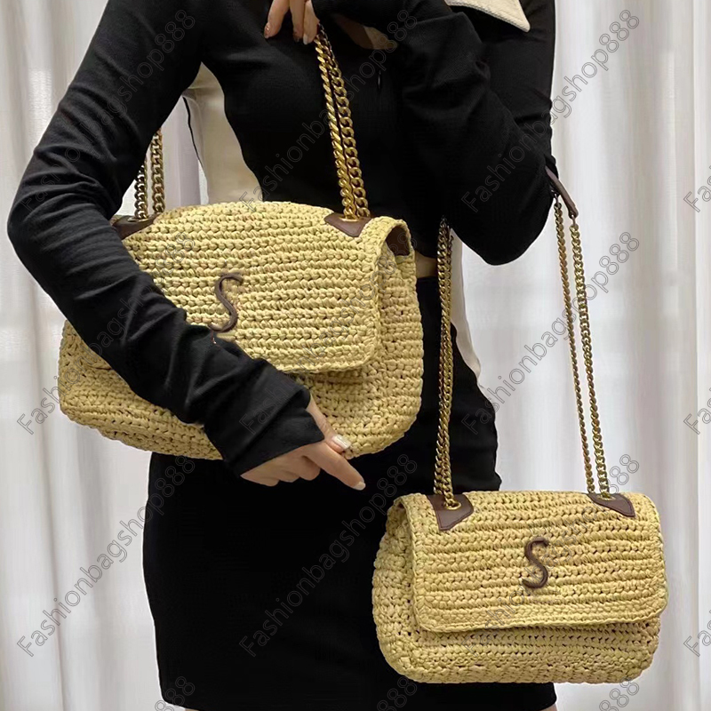 

5A quality Niki woven bag with logo straw weaving Lafite patchwork leather Hobo bag chain strap shoulder bags, Yellow