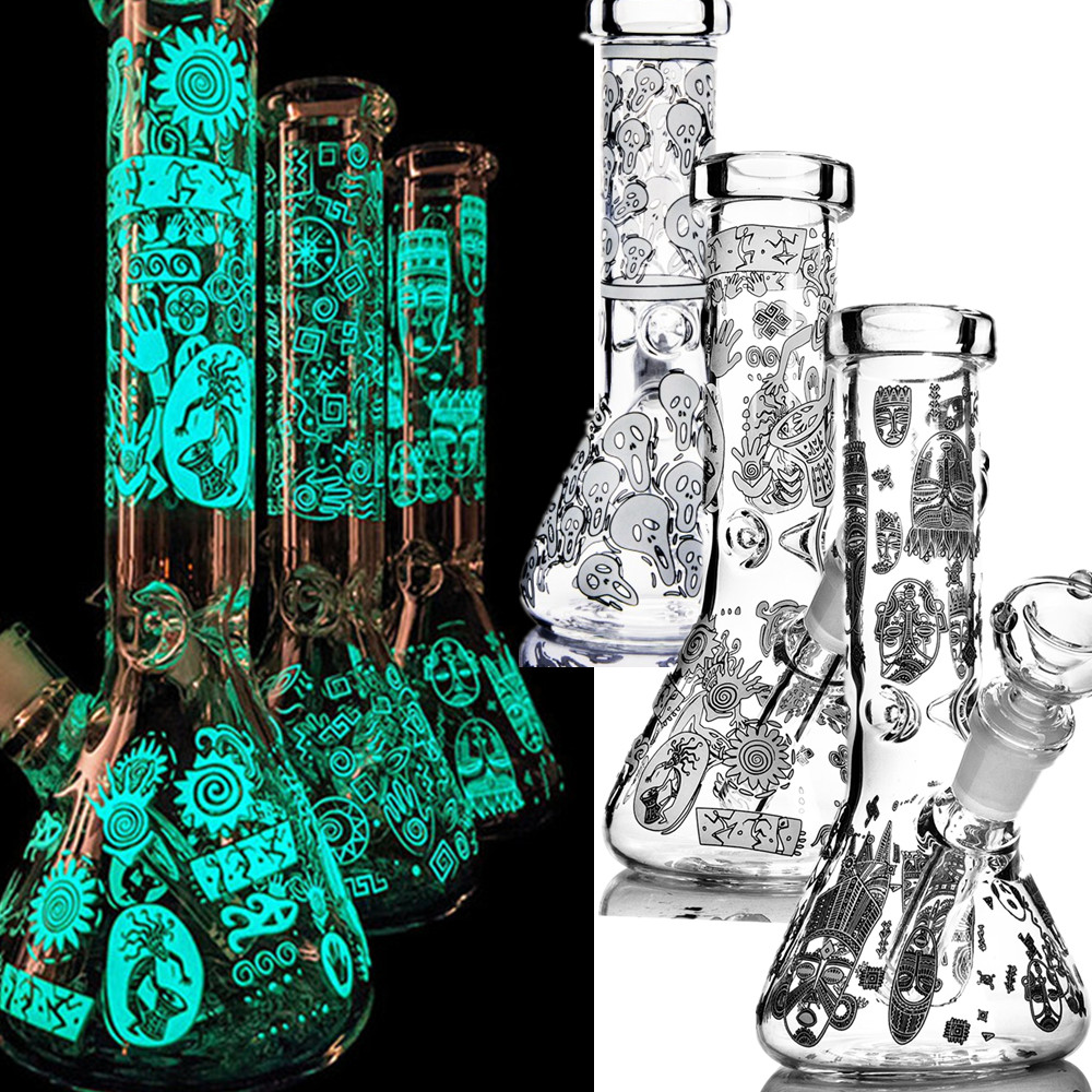 

Black Glow in The Dark Beaker Bong 7.9'' Glass Water Pipes Downstem Unqiue Painting Thick Dab Rig Heady Bubblers Hookah Accessories