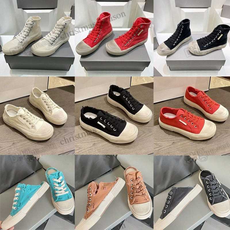 

Classic fashion 2022 vintage distressed old canvas shoes paris high top wash effect Vulcanized sole half slippers black white red couple, 10