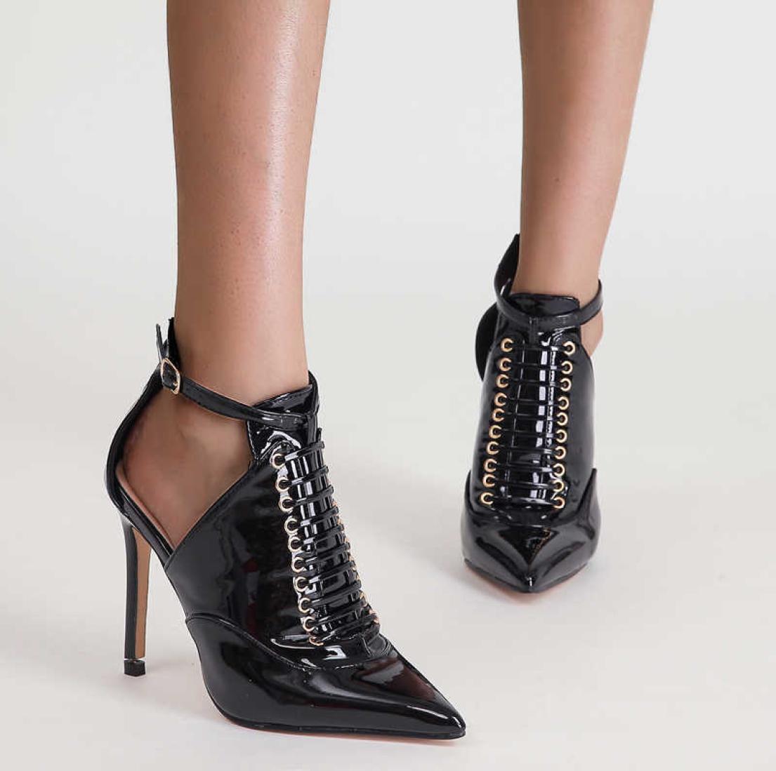 

12cm Women Patent Leather Ankle Boots Designer Lace Up High Heels Ladies Pointed Toe Stilettos Autumn Black Shoes Bota Feminina Y14660803
