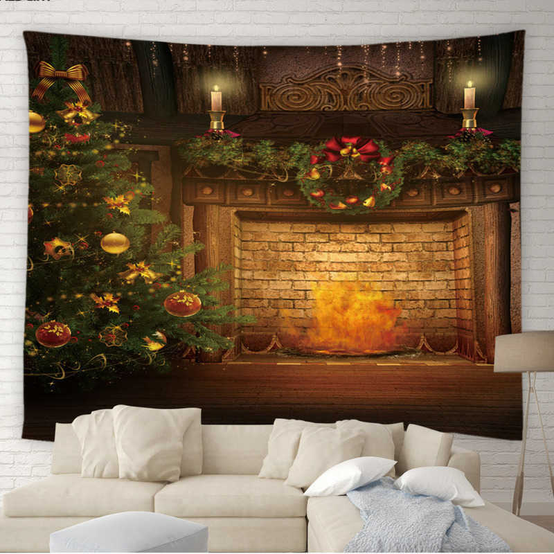 

Merry Christmas Tapestry Background Wall Hanging Art Xmas Tree Wooden Window Brick Stove Living Room Bedroom Holiday Home Decor